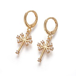 Golden Brass Dangle Hoop Earrings, with Micro Pave Cubic Zirconia, Cross, Golden, 32mm, Pin: 1mm