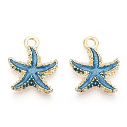 Небесно-голубой Подвески из эмали и сплава, морская звезда / морские звезды, золотой свет, голубой, 17.5x14.5x2.5 мм, отверстие : 2 мм