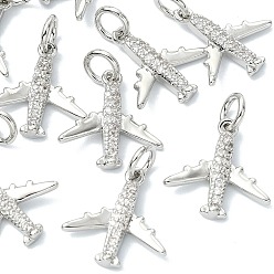 Platino Real Plateado Dijes de latón con circonitas cúbicas transparentes de Shegrace, encantos de avión, sin cadmio, plomo, níquel, Platino verdadero plateado, 14x14x2 mm, agujero: 3.5 mm