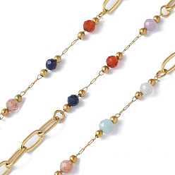 Смешанные камни 304 цепи из нержавеющей стали ссылка, с природными драгоценный камень бисером, пайки, с катушкой, ионное покрытие (ip), реальный 18 k позолоченный, 7x3.5x0.5 мм, около 32.81 футов (10 м) / рулон