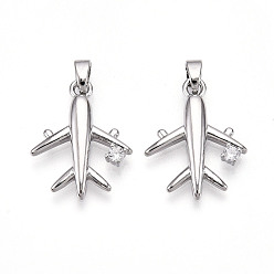 Платина Латунные микро проложить кубического циркония подвески, без кадмия и без свинца, прелести самолета, платина, 20x15.8x2.5~3 мм, отверстие : 2~2.5x5 мм