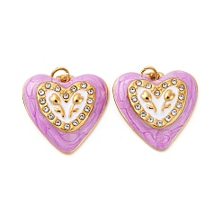 Средний Фиолетовый 304 нержавеющей стальной эмали подвески, со стразами и прыгающим кольцом, ионное покрытие (ip), сердце с цветочным шармом, реальный 18 k позолоченный, средне фиолетовый, 16.5x17x4.5 мм, отверстие : 2.5 мм