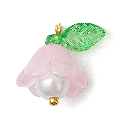 Розовый Стеклянные подвески, цветок, с акриловыми и пластиковыми бусинами, имитирующими жемчуг, и золотистой латунной петлей, туманная роза, 15.5x15x11 мм, отверстие : 1.2 мм