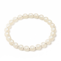 White Heart Pattern Acrylic Beaded Stretch Bracelet with Synthetic Hematite for Women, White, Inner Diameter: 2-3/8 inch(5.9cm)