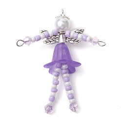Dark Violet Glass Seed & Acrylic Pearl Beaded Big Pendants, with Alloy Fairy Wing & 304 Stainless Steel Findings, Angel Charms, Dark Violet, 52x40x18mm, Hole: 1.6mm