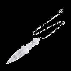 Quartz Crystal Natural Quartz Crystal Rock Crystal Dowsing Pendulum Pointed Pendants, with Iron Chain & Glass, Bullet Charms, Silver Color Plated, 259~265mm, Hole: 2mm