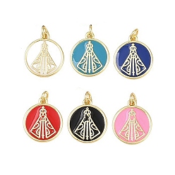 (52) Непрозрачная лаванда Латунь эмаль подвески, с целью перехода в кольце, плоский круглый с подвесками nossa senhora aparecida, без свинца и без кадмия, долговечный, реальный 18 k позолоченный, стойки покрытие, разноцветные, 16.5x14x1.5 мм, отверстие : 2.5 мм