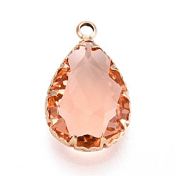 Темный Лосось Прозрачные стеклянные подвески, слеза, с латунной кромкой, граненые, темный лосось, 22~22.5x13.5~14x5~6 мм, отверстие : 2~2.2 мм