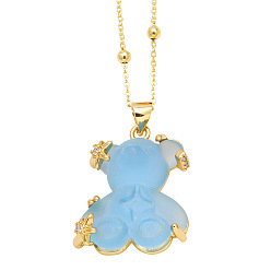 Light Sky Blue Resin Pendant Necklaces, with Brass Micro Pave Cubic Zirconia Finding, Bear, Light Sky Blue, 17.72 inch(45cm)