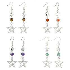 Mixed Stone 4 Pairs 4 Style Natural Mixed Gemstones Dangle Earrings, Hollow Star Tibetan Style Alloy Long Drop Earrings, 63x20.5mm, 1 Pair/style