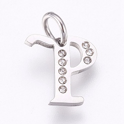 Letter P 304 Edelstahl Anhänger, mit Strass, Buchstabe, letter.p, 12x12x1.5 mm, Bohrung: 4 mm