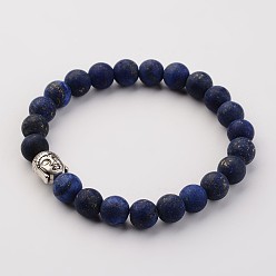 Ляпис-Лазурь Натуральный лазурит (окрашенный и нагретый) бусины эластичные браслеты, Голова Будды, с борта сплава тибетском стиле, матовые, 55 мм (2-1/8 дюйм)