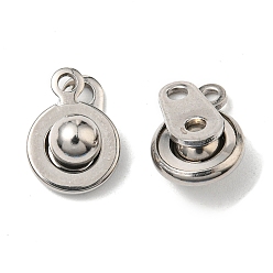 Real Platinum Plated Brass Snap Clasps, Flat Round, Real Platinum Plated, 15.5x9x4.5mm, Hole: 1.2~1.5mm
