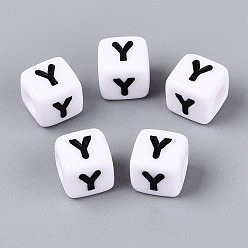 Letter Y Opaque Acrylic Beads, Cube with Number, with Enamel, Black, Letter Y, 7.5~8x7.5~8x8~8.5mm, Hole: 3.6~4mm, about 1200pcs/500g