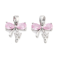 Pink Латунные микро проложить кубического циркония подвески, без кадмия, без никеля и без свинца, платина, бантом, розовые, 13x13x3.5 мм, отверстие : 5x3 мм