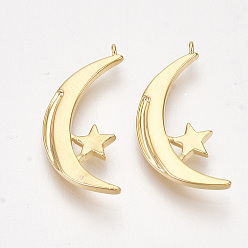 Real 18K Gold Plated Brass Pendants, Moon and Star, Nickel Free, Real 18K Gold Plated, 23x10.5x2mm, Hole: 1mm