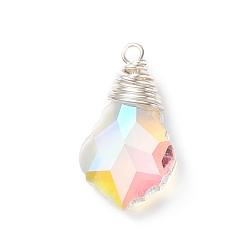 Silver Wire Wrapped Electroplate Glass Pendants, Faceted, Leaf, AB Color Plated, Silver, 33.5x19x9mm, Hole: 3mm