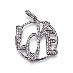 Gunmetal Brass Micro Pave Cubic Zirconia Pendants, Flat Round with Word Love, Clear, Gunmetal, 39x35x2mm, Hole: 8x3mm