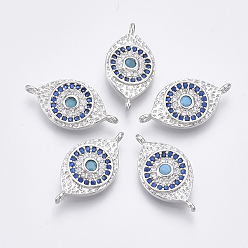 Платина Соединители из латуни с микропаве и кубическим цирконием, без кадмия и без свинца, глаз, синие, платина, 9.5x19x2.5 мм, отверстие : 1 мм