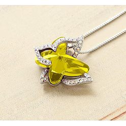 Желтый Бабочка латунный паве стеклянный камень ожерелья с подвеской, платина, желтые, 17.72 дюйм (45 см)