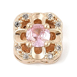 Бледно-Розовый Латунные микро проложить кубического циркония бусы, квадратные с цветком, без свинца и без кадмия, долговечный, розовый жемчуг, 8.5x8.5x6.5 мм, отверстие : 1.6 мм