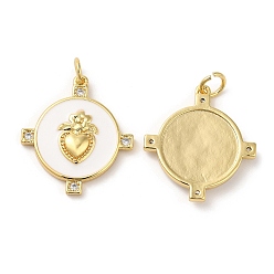 Белый Латунные микро проложить кубического циркония подвески, с прыгающим кольцом и эмалью, реальный 18 k позолоченный, без свинца и без кадмия, плоско-круглые, белые, 21.5x20x3 мм, отверстие : 3 мм