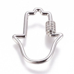 Платина Латунные микропаве, кубический цирконий, винт, карабин, подвески с замком, для изготовления ожерелий, hamsa рука / рука fatima / рука miriam, прозрачные, платина, 31.5x24x2~5.5 мм