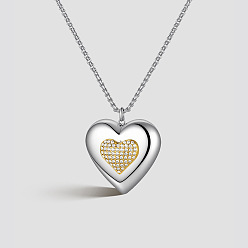 Real Gold Plated & Stainless Steel Color Duo Tone 316 Surgical Stainless Steel Micro Pave Clear Cubic Zirconia Pendant Necklaces for Women, Heart, Real Gold Plated & Stainless Steel Color, 15.75 inch(40cm)