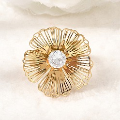 Золотой 201 Регулируемые кольца-манжеты из нержавеющей стали с одинарным кубическим цирконием для женщин, цветок, золотые, 24x24 мм, внутренний диаметр: 18 мм