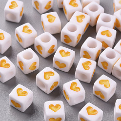 Yellow White Opaque Acrylic Beads, Cube with Heart, Yellow, 6.5x6x6mm, Hole: 3mm