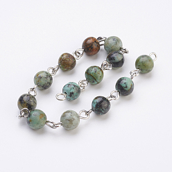Платина Цепочки из бисера из натуральной африканской бирюзы (яшмы) ручной работы, несварные, с железным штифтом, платина, 39.37 дюйм, 1 м / прядь
