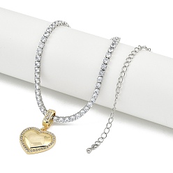 Платиновый & Золотой Латунный прозрачный кубический цирконий кулон в форме сердца со стразами цепочки ожерелья для женщин, платиной и золотом, 12.99 дюйм (33 см), Кулон : 22x21x4 мм
