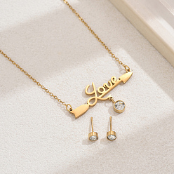 Настоящее золото 18K Модные комплекты из серег-гвоздиков из нержавеющей стали и ожерелий с подвесками в виде слова «любовь» для женщин, реальный 18 k позолоченный, ожерелья: 19.29 дюйм (49 см)