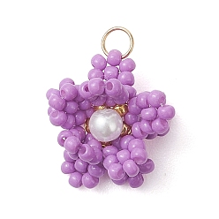 Средняя Орхидея Стеклянные подвески из бисера, цветочный шарм, с жемчужинами из стекла и 304 нержавеющей сталью, реальный 18 k позолоченный, средне орхидеи, 15.5~17x15~16.5x10~11 мм, Перейти кольцо: 4x0.5 мм, внутренний диаметр: 3 мм