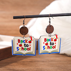 Book Деревянные серьги-подвески с принтом ко Дню учителя., красочный, книга, 50x45 мм