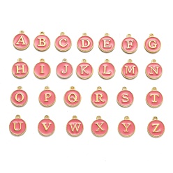 Pink Буквица a ~ z алфавит эмалевые брелоки, плоские круглые диски двусторонние брелоки, розовые, 14x12x2 мм, отверстие : 1.5 мм, 26 шт / комплект