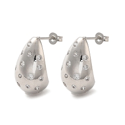 Platinum Brass with Cubic Zirconia Stud Earrings, Teardrop, Lead Free & Cadmium Free, Long-Lasting Plated, Platinum, 20x12mm