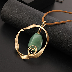 Золотой Сплав кольцо и смоляной овальный кулон искусственная кожа шнур длинные ожерелья для женщин, темно-зеленый, золотые, 31.50 дюйм (80 см)
