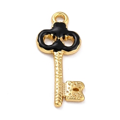 Black Golden Alloy Enamel Pendants, Long-Lasting Plated, Key, Black, 27x12x2mm, Hole: 1.8mm