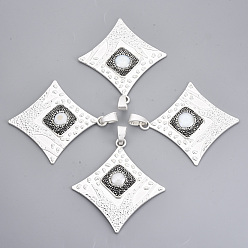 Silbern Silberfarbig Legierung Rhinestone-große Anhänger, Schale mit Perlen, Karo, Jet Hämatit, Silberfarbe überzogen, 81~82x75x6~7 mm, Bohrung: 12x5.5 mm