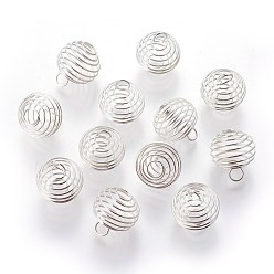 Silver Iron Wire Pendants, Spiral Bead Cage Pendants, Round, Silver, 15~16x14mm, Hole: 4~5mm