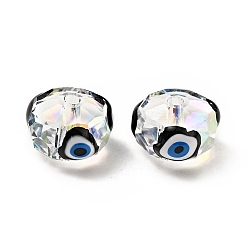 Black Transparent Glass Beads, with Enamel, Faceted, Rondelle with Evil Eye Pattern, Black, 10x7.5mm, Hole: 1.5mm