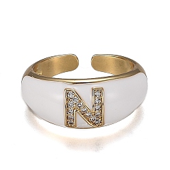 Letter N Brass Micro Pave Clear Cubic Zirconia Cuff Rings, Open Rings, with Enamel, Cadmium Free & Lead Free, Golden, Letter.N, US Size 7 1/4, Inner Diameter: 17.6mm
