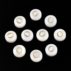 Letter O Естественных пресноводных стеклянные бусы, с позолоченными элементами из травленой латуни, плоские круглые с буквы, Письмо O, 7.5~8x4~5 мм, отверстие : 0.8 мм