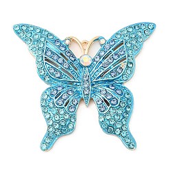 Аквамарин Подвески из цинкового сплава, со стразами, бабочка, аквамарин, 45x49x4.5 мм, отверстие : 1.6 мм