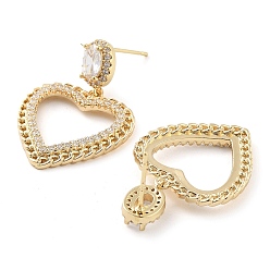 Light Gold Brass with Glass Dangle Stud Earrings, Hollow Heart, Light Gold, 30x20.5mm