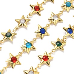 (52) Непрозрачная лаванда Латунные цепи со стеклянными звеньями, с подвесками в виде звезд и катушкой, долговечный, пайки, без свинца и без кадмия, стойки покрытие, реальный 18 k позолоченный, разноцветные, 14x10.5x3 мм
