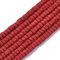 Red Spray Painted Non-magnetic Synthetic Hematite Beads Strands, Hexagon, Red, 2x1mm, Hole: 0.8mm, about 330~335pcs/strand, 15.75 inch(40cm)