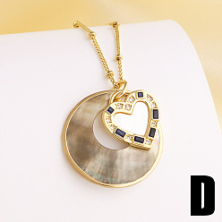 Golden Brass Pave Clear and Blue Cubic Zirconia & Natural Paua Shell Flat Round with Heart Pendant Necklaces for Women, Golden, Golden, 17.32 inch(44cm), pendant: 25mm & 16x15mm