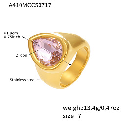 Pink 304 Кольца из нержавеющей стали с одинарным кубическим цирконием, слеза, реальный 18 k позолоченный, розовые, размер США 7 (17.3 мм)